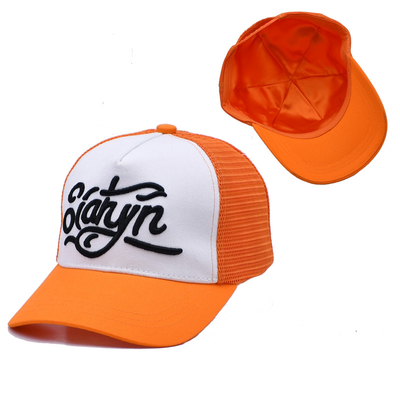Unisex 5 Panel Trucker Cap Custom 3d ricamato bordo curvo satinato rivestito cappelli a maglia arancione