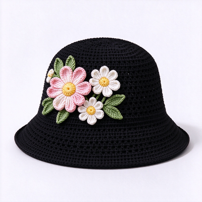 20 anni di esperienza Cap 3D Floral Applique Crochet Bucket Hat realizzato con filati di cotone adatto per i viaggi Beach Streetwear quotidiano