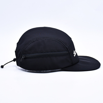 Cappello da campeggio di alta qualità non strutturato a 5 pannelli stampato in nero con tasche decorative