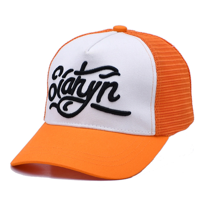 Unisex 5 Panel Trucker Cap Custom 3d ricamato bordo curvo satinato rivestito cappelli a maglia arancione