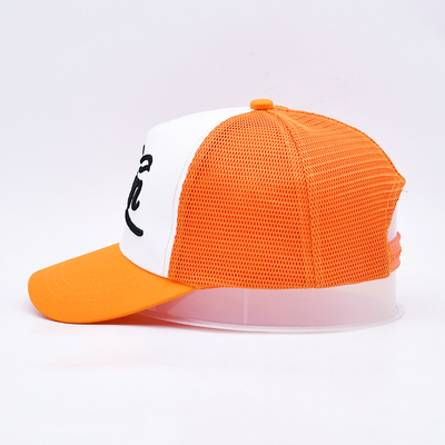 Unisex 5 Panel Trucker Cap Custom 3d ricamato bordo curvo satinato rivestito cappelli a maglia arancione