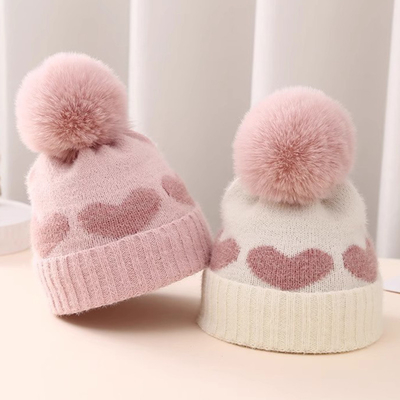 2024 Nuovo Autunno Inverno Cappelli a Maglia Bambini Ragazze Acrilico Bilayer Caldo Bambino Pallone Cute Cuore Cappello Neonato