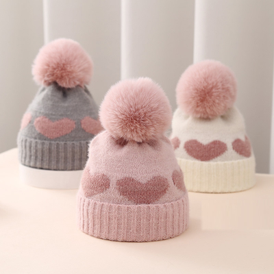 2024 Nuovo Autunno Inverno Cappelli a Maglia Bambini Ragazze Acrilico Bilayer Caldo Bambino Pallone Cute Cuore Cappello Neonato