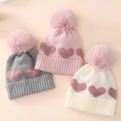 2024 Nuovo Autunno Inverno Cappelli a Maglia Bambini Ragazze Acrilico Bilayer Caldo Bambino Pallone Cute Cuore Cappello Neonato
