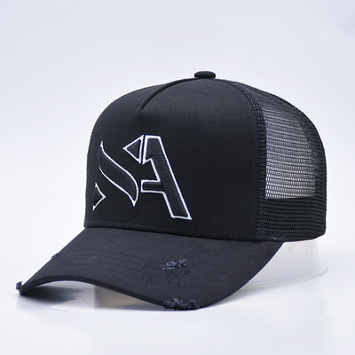 Cappello da camionista in difficoltà nero curvo personalizzabile all'ingrosso 5 pannelli Cappello da camionista ricamato 3D