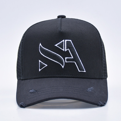 Cappello da camionista in difficoltà nero curvo personalizzabile all'ingrosso 5 pannelli Cappello da camionista ricamato 3D