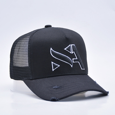 Cappello da camionista in difficoltà nero curvo personalizzabile all'ingrosso 5 pannelli Cappello da camionista ricamato 3D