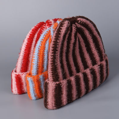 Wholesale High Quality Outdoor Female Wool Winter Warm Knit Beanie Custom Colorful Striped Pattern Beanie Cap for Women