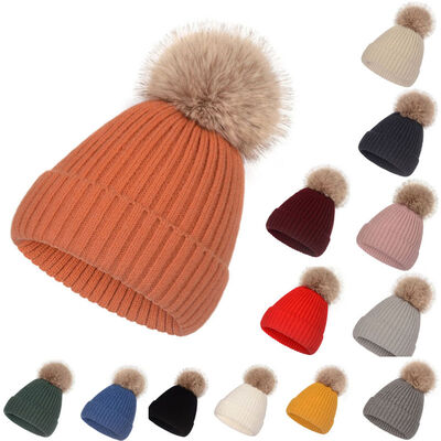 Cappello a maglia caldo invernale per donne cappelli a strisce casuali massicci cappelli da sci bambini cappello da pelliccia floppy pompom cappuccio