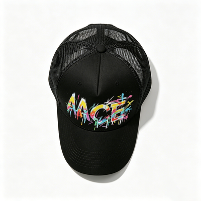 Adjustable Snapback Trucker Cap Digital Heat Transfer Graffiti Pattern Front Panel Mesh Back Hat Perfect for Outdoor Activities Company Branding