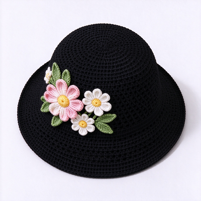 20 anni di esperienza Cap 3D Floral Applique Crochet Bucket Hat realizzato con filati di cotone adatto per i viaggi Beach Streetwear quotidiano