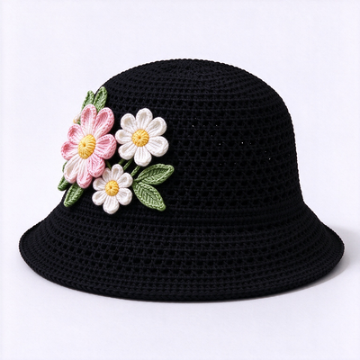 20 anni di esperienza Cap 3D Floral Applique Crochet Bucket Hat realizzato con filati di cotone adatto per i viaggi Beach Streetwear quotidiano