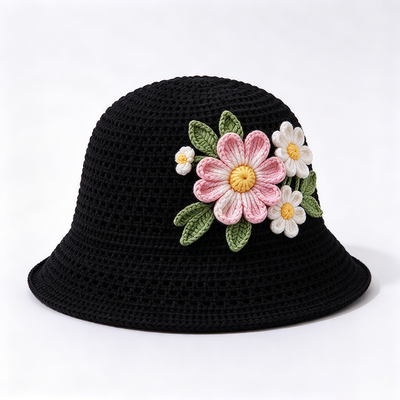 20 anni di esperienza Cap 3D Floral Applique Crochet Bucket Hat realizzato con filati di cotone adatto per i viaggi Beach Streetwear quotidiano