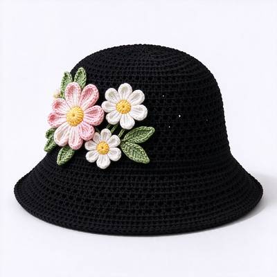 20 anni di esperienza Cap 3D Floral Applique Crochet Bucket Hat realizzato con filati di cotone adatto per i viaggi Beach Streetwear quotidiano