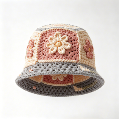 Wide Brim Patchwork Floral Crochet Bucket Hat Lightweight Breathable Sun Protection for Vintage Daily Streetwear