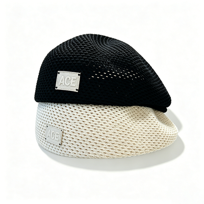 Classic Hollow Mesh Knit Beret Hat ACE Leather Label Beret Breathable Solid Color Beret For Fashion Street Daily Wear Support Customization