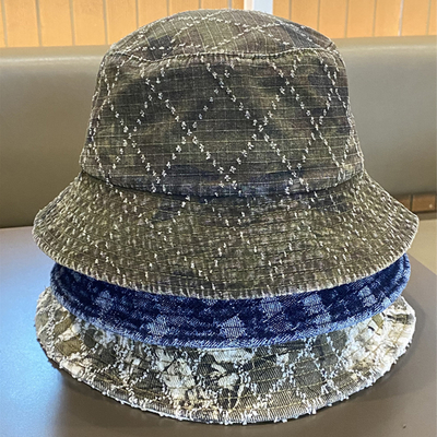 Vendita calda Primavera e Autunno Nuovo Top Piatto Frito Denim Suquin Plaid Bordatura Custom Bucket Hat Bordura logo Cappello da Pescatore