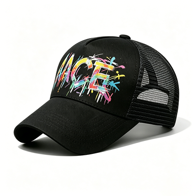 Adjustable Snapback Trucker Cap Digital Transfer Heat Graffiti Pattern Front Panel Mesh Back Hat Perfetto per le attività all'aperto