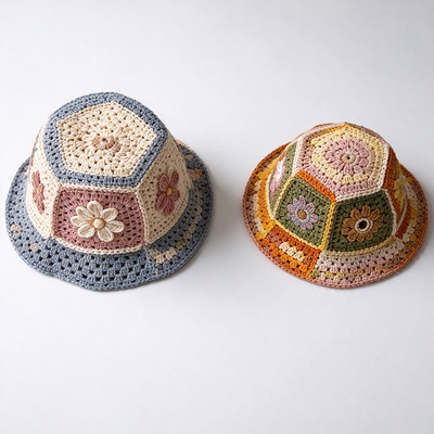 Cappello a secchiello all'uncinetto patchwork floreale a tesa larga, leggero e traspirante, protezione solare per streetwear vintage quotidiano