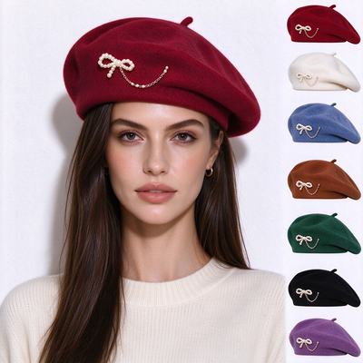 Berretto di lana classico da donna con perle, fiocco e catena, berretto francese vintage caldo tinta unita per uso quotidiano casual, supporto personalizzazione